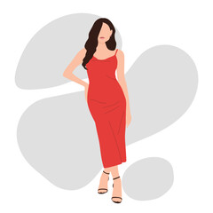 Beautiful woman in stylish dress vector illustration. Beauty and fashion concept with beautiful model girl in red dress isolated on white background. Flat vector illustration