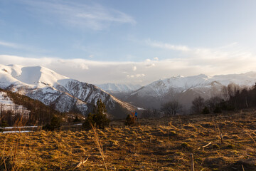 View of the snow-capped mountain peaks of Arkhyz