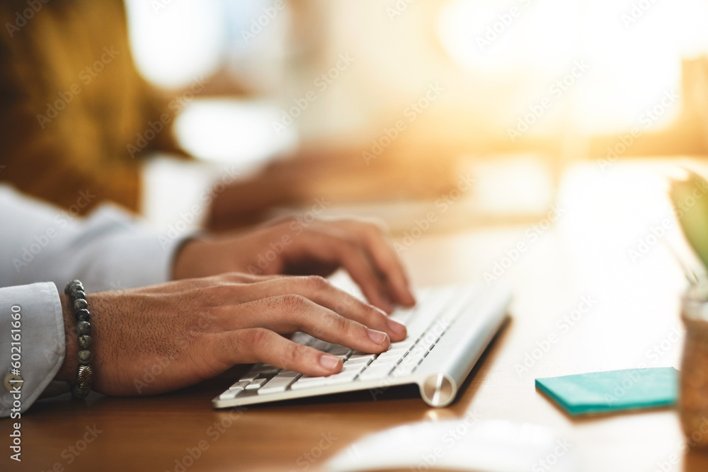 Poster hands, keyboard or man typing on computer networking on business project or online research at offic