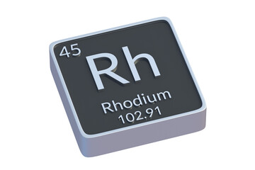 Rhodium Rh chemical element of periodic table isolated on white background. Metallic symbol of chemistry element. 3d render