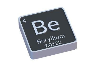 Beryllium Be chemical element of periodic table isolated on white background. Metallic symbol of chemistry element. 3d render