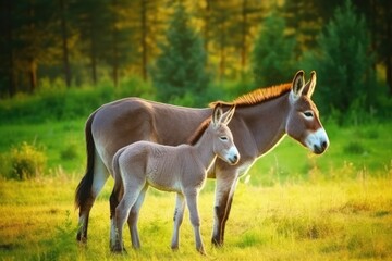 Naklejka na ściany i meble young foal standing beside its mother horse in a green pasture Generative AI