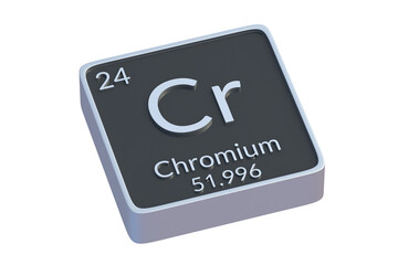 Chromium Cr chemical element of periodic table isolated on white background. Metallic symbol of chemistry element. 3d render