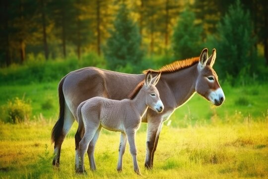 young foal standing beside its mother horse in a green pasture Generative AI