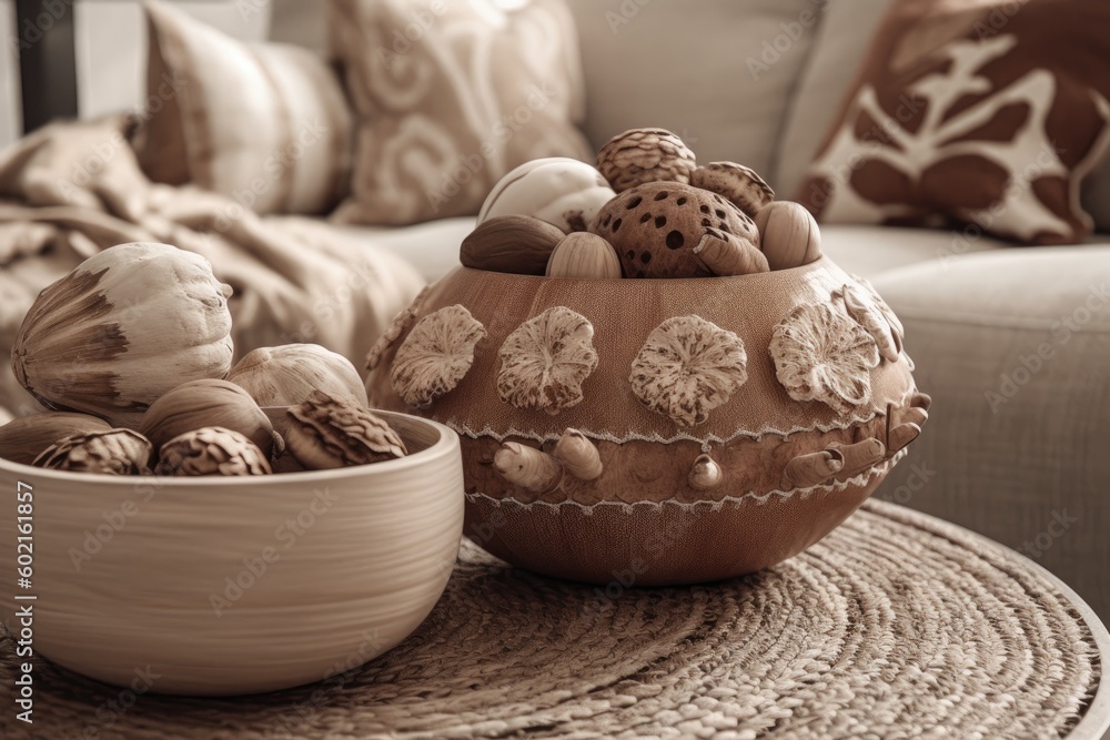 Aufkleber two bowls, one filled with shells and another filled with seashells, placed on a table against a blu