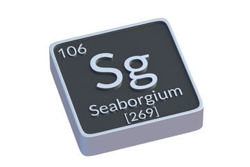 Seaborgium Sg chemical element of periodic table isolated on white background. Metallic symbol of chemistry element. 3d render