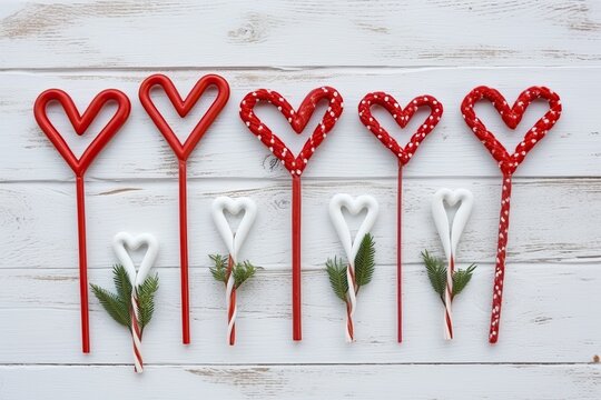 group of heart-shaped lollipop sticks in red and white colors Generative AI