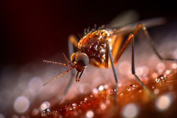 macro shot of a common mosquito on human skin, west nile virus infection, generative ai