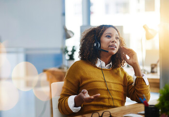 Talking, crm or woman in call center consulting, speaking or explaining at customer services. Virtual assistant, contact us or biracial sales consultant in telemarketing or telecom company help desk - obrazy, fototapety, plakaty
