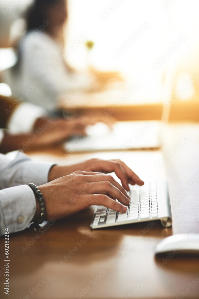 Poster Hands, office or businessman typing on computer networking for project or online research at desk. Person, closeup or male worker copywriting on startup blog report or digital article with keyboard