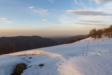 View of the snow-capped mountain peaks of Arkhyz