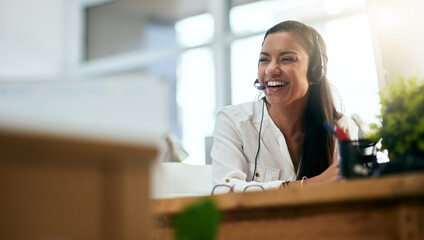 Laughing, virtual assistant or happy woman in call center consulting, speaking or talking at help desk. Smile, friendly or funny sales consultant in telemarketing customer services or telecom company - obrazy, fototapety, plakaty