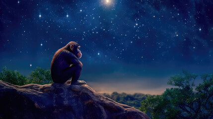 Brooding primate sits on top of a cliff, contemplating a cosmic symphony, philosophical, intelligent. Generative AI