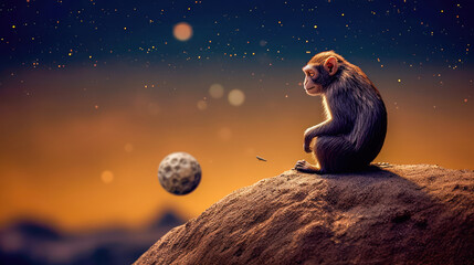 Brooding primate sits on top of a cliff, contemplating a cosmic symphony, philosophical, intelligent. Generative AI - obrazy, fototapety, plakaty