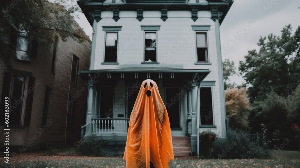 Aufkleber a ghost standing in front of a house. generative ai image.