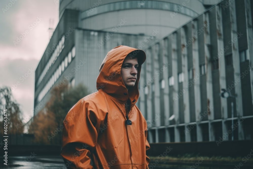 Poster a man in an orange raincoat standing in front of a building. generative ai image.