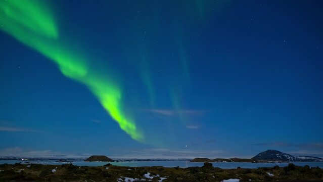Aurora Borealis, Northern Lights in Iceland, Real Night Sky with Stars Time Lapse, Astronomical Phenomenon, Solar Wind, Earth Electromagnetic Field.