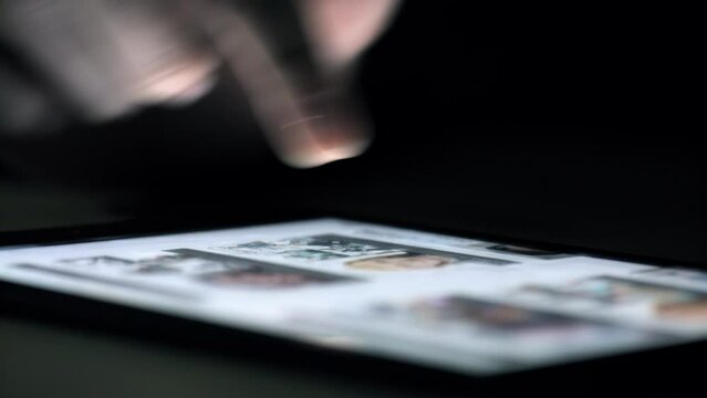 Search, night or zoom of hands with tablet for internet research, social media content or networking. Tech, web or hand scrolling on digital mobile for social network, blog review or NFT media app.