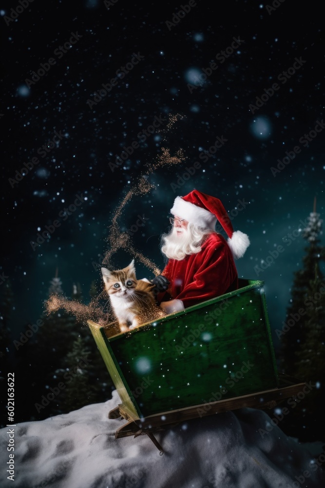 Poster a cat sitting in a sleigh with a santa clause on it. generative ai image.