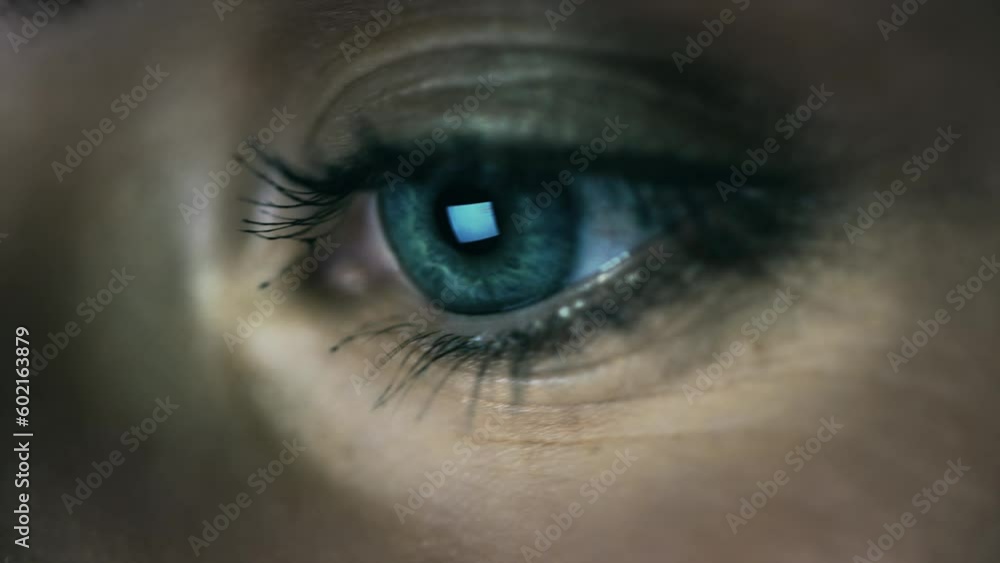 Poster eye, cyber security or programmer woman at night thinking for ux seo software, web design or databas
