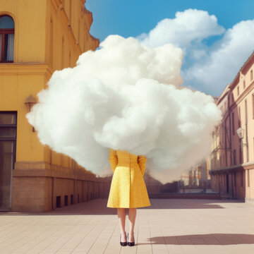 A beautiful girl in a yellow dress with her head immersed in a fluffy cloud on the street during a sunny day. Generative AI.
