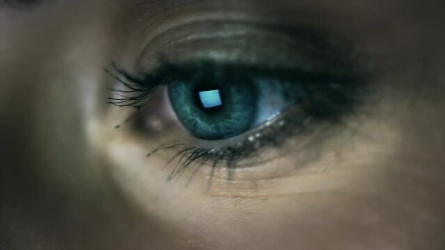 Eye, cyber security or programmer woman at night thinking for UX SEO software, web design or database coding. Smile, zoom or developer face for programming, data analysis or digital media code