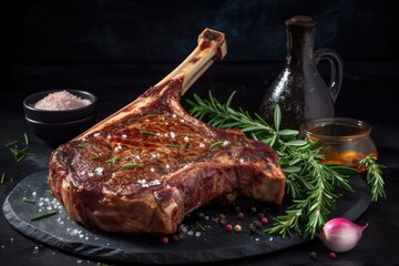 Grilled tomahawk steak on slate plate with salt, pepper, rosemary. Ai generative. - obrazy, fototapety, plakaty