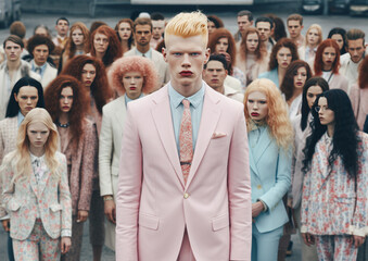 A beautiful albino male model, elegantly dressed with friends, poses as if for a fashion campaign. Cloudy day, lazy atmosphere. Generative AI.