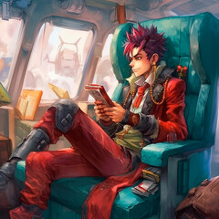 Fototapeta premium The guy on the plane goes on a trip. High quality illustration Generative AI