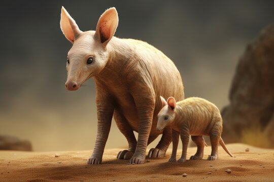 Photorealistic aardvark with young, burrowing, nocturnal mammal in Africa of the order Tubulidentata, insectivore with long snout, created with generative AI. 
