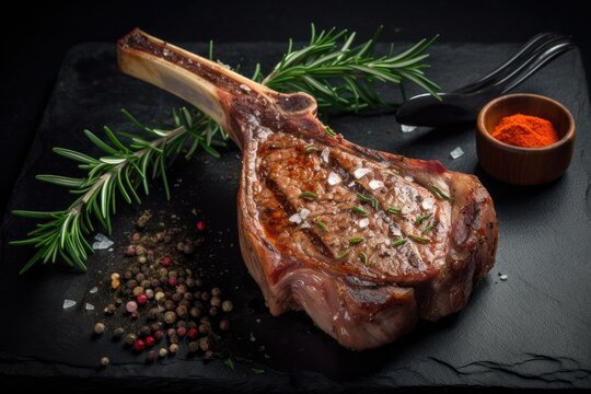 Grilled tomahawk steak on slate plate with salt, pepper, rosemary. Ai generative.