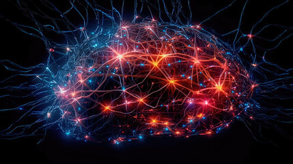 Fictional glowing brain background with a network of neural connections. Neural activity. Generative AI