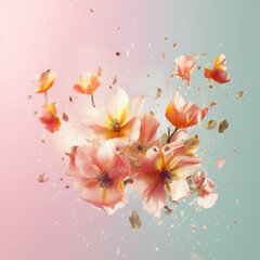 Creative composition with exploding colorful flowers on pastel background. Generative AI.