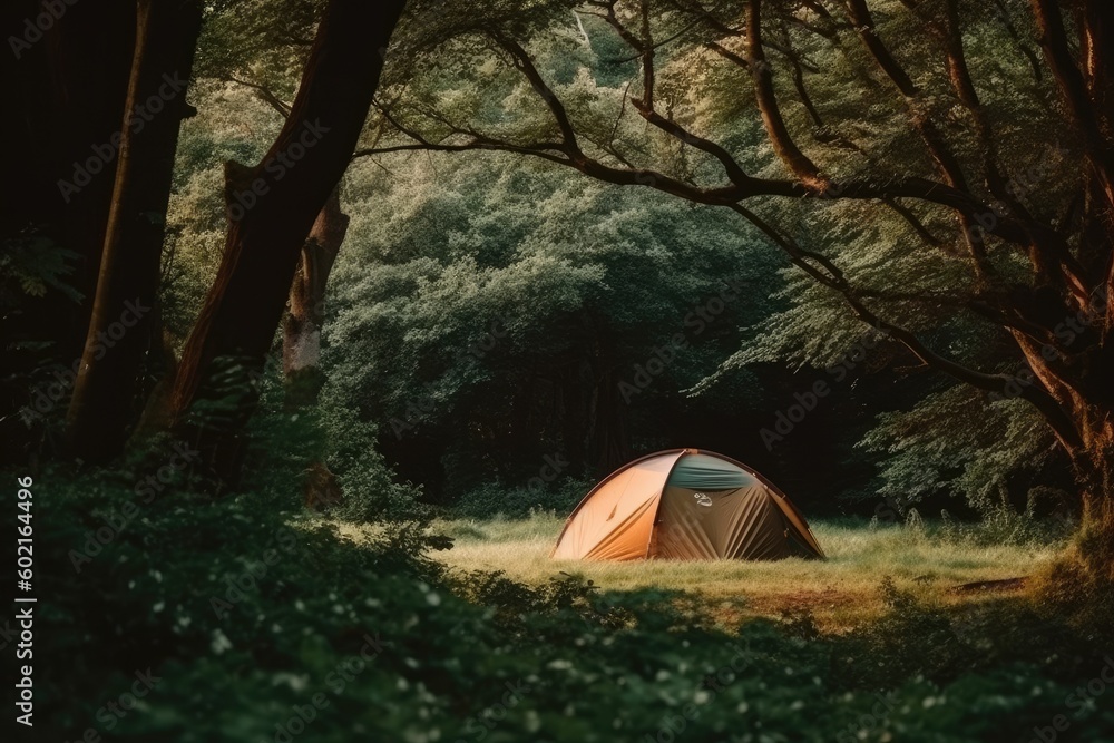 Poster lone tent surrounded by trees in a forest generative ai