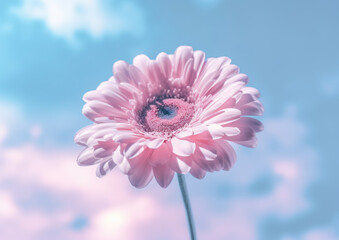 Beautiful daisy flower against sunny sky. Pastel blue and pink colors, close-up shot. Generative AI.