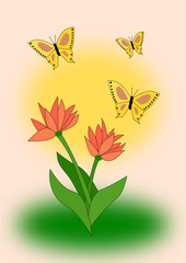 Three yellow and brown butterflies fluttering over two red flower, in the background are a sunset and the sky is pink
