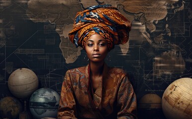 Portrait of black woman in turban on a background of the map of the world and globes, globalism, cultures of the world, created with generative ai