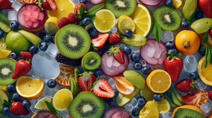 Fototapeta na wymiar Looking down at an assortment of sliced tropical fruit on ice by generative AI