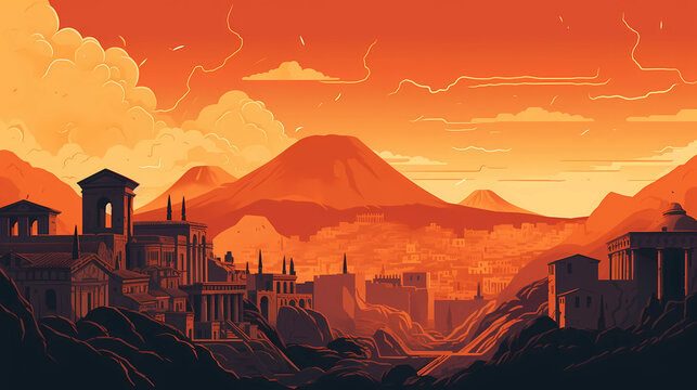 Illustration of a panoramic view of Pompeii and Mount Vesuvius, Italy