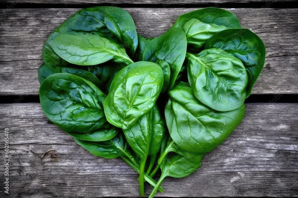 Poster heart-shaped spinach leaf on a rustic wooden background generative ai