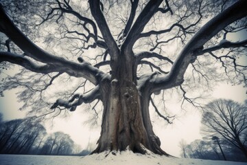 majestic tree standing alone in a snowy landscape Generative AI