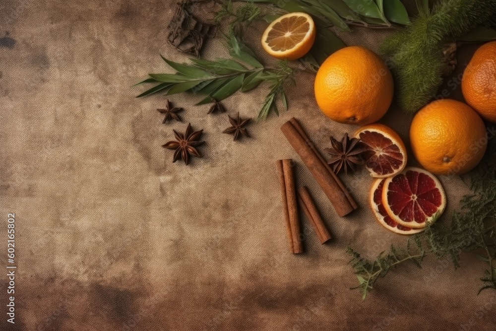 Poster wooden table with an arrangement of oranges and spices on top generative ai