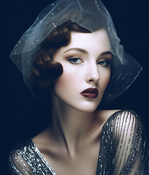 Portrait of beautiful elegant woman, Art Deco retro style. AI generated image.