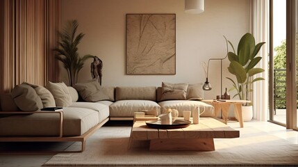 Fototapeta na wymiar Cozy living room with natural lighting and comfortable furniture