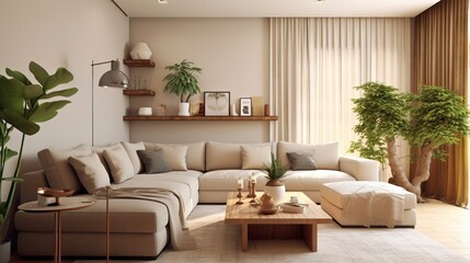 Fototapeta premium Cozy living room with natural lighting and comfortable furniture