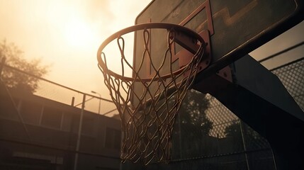 Basketball scoring through the hoop, during the sunset, sport team concept
