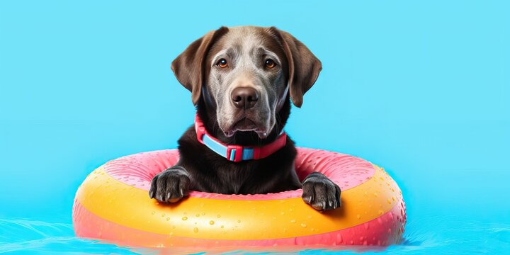 Funny dog relaxing on a pool float in the water, summer concept, pet love friendship