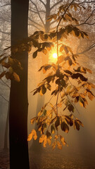 Misty early morning sunlight shining through tree leaves by generative AI