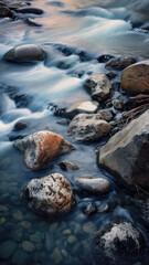 Fototapeta na wymiar Water flowing over river rocks by generative AI