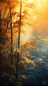 Misty early morning sunlight shining through bamboo leaves by generative AI